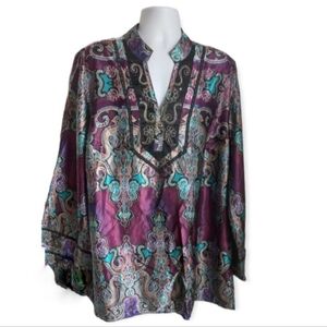 Lane Bryant Long Sleeve Satin Tunic Purple Black Teal Size 26/28